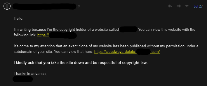 A polite email of me asking the company to take down their clone of my website