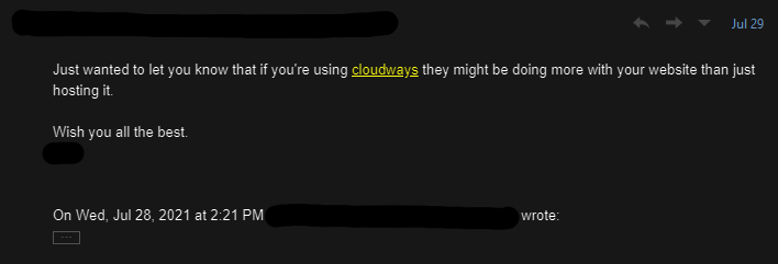 Company rep says that if I'm using cloudways, then they might be doing something with my web app